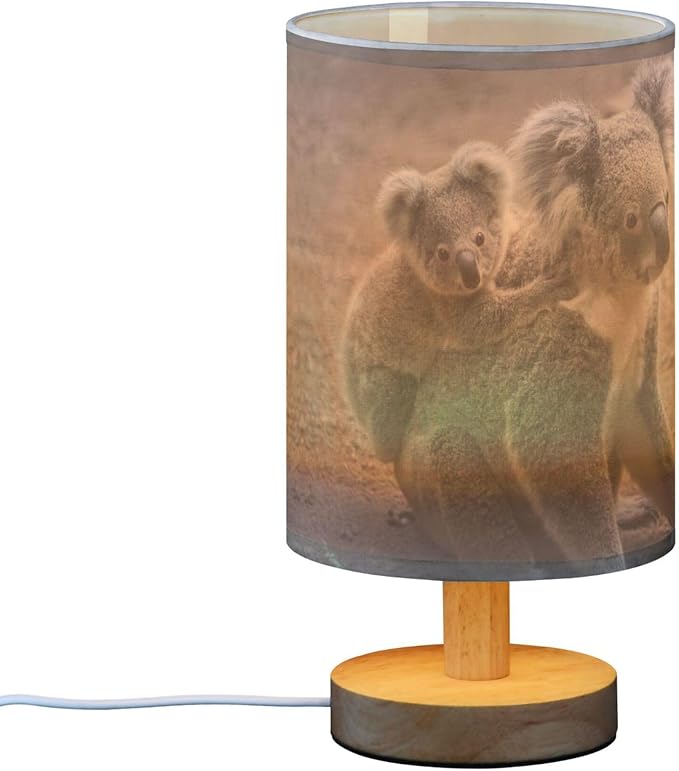 Table Lamp Cute Koala Bear and Mom Nightstand Lamp with Wood Base Fabric Lamp Shade Bedside Desk Lamp for Living Room Bedroom Kids Room Office - Bloomnest