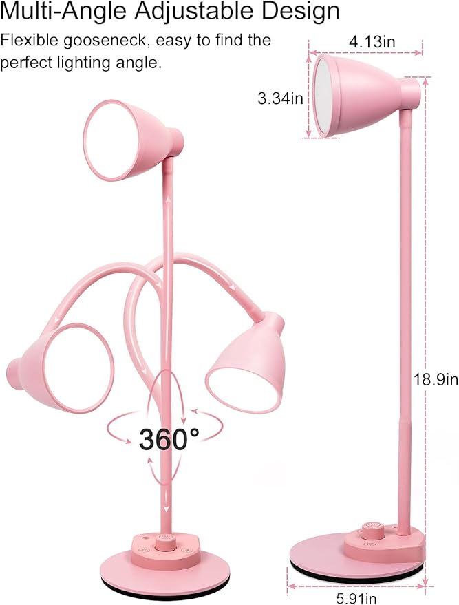 BOHON Cute Desk Lamp with USB Charging Port, Pink Lamp 3 Color Modes Dimmable LED Reading Lamp, Flexible Gooseneck Auto Dimming Table Task Light for Home Office Dorm Bedside, Pink - Bloomnest