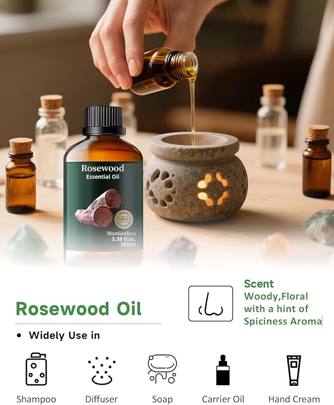 Rosewood Essential Oil Pure, Mumianhua Natural Organic Pure Premium Therapeutic Rosewood Oils for Skin, Body, Hair Care, Diffuser, Candle, Soap, Making, DIY, Massage 3.38 Fl Oz - Bloomnest
