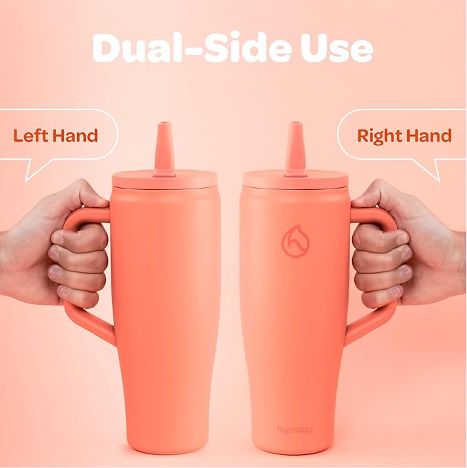Hydracy 40oz Tumbler with Lid and Straw Stainless Steel Insulated Water Bottle with Handle, Reusable Leakproof Rotatable Lid for Left or Right Hand Use, Cupholder Friendly Rubber Base - Coral Crush - Bloomnest