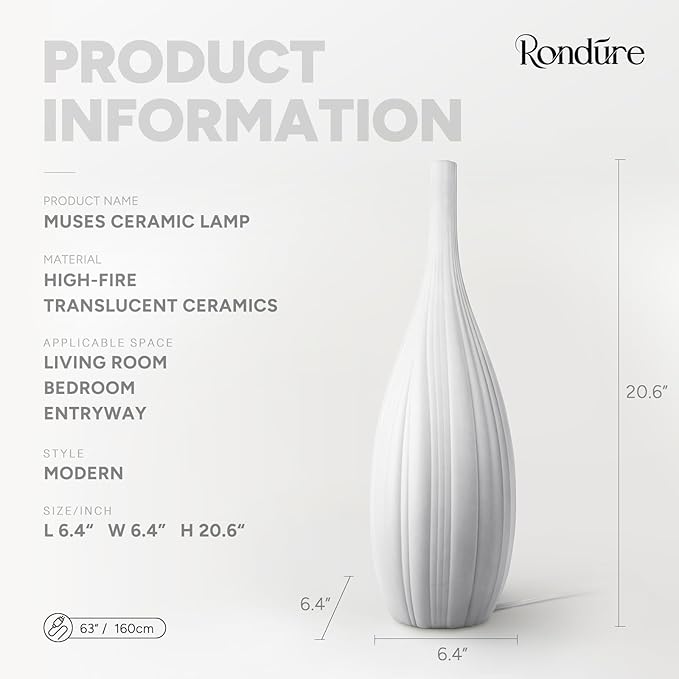 RONDURE 20.6" Modern Ceramic Table Lamp, Modern Bedside Lamps for Bedroom, Living Room and Nightstand, White Translucent Ceramic Shade, Warm Ambient Lighting, Home Decor - Bloomnest