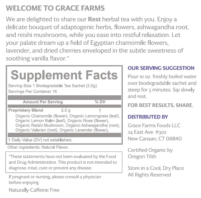Grace Farms REST Wellness Organic Tea Blend (100 Enveloped Pyramid Sachets w/ String & Tag) | Sleep and Stress Support For Evening | Chamomile Vanilla Tea with Caffeine Free Adaptogens and Mushrooms | Gives Back 100% of Profits - Bloomnest