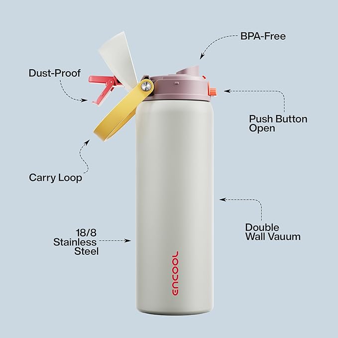 Insulated Water Bottle with Straw - Encool Stainless Steel Water Bottle with Push Button Lid, Leak-Proof & BPA-Free, Keeps Cold for 24 Hours for Sports, Travel, Gym (32 oz, Quill Grey-Red) ENCOOL