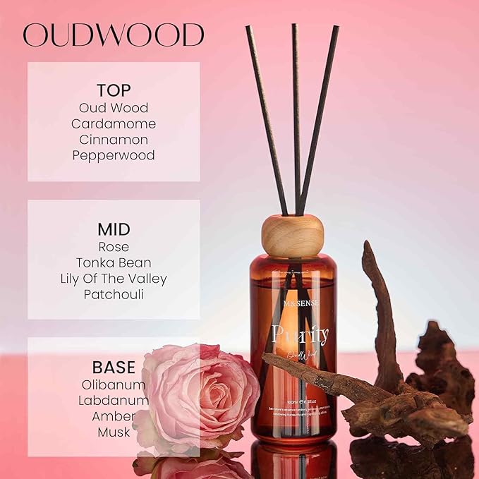 M&SENSE Reed Diffuser Set, Oud Wood Scented 6.3 fl oz Natural Essential Oil Diffusers with Sticks, Non-Toxic Organic Air Freshener, Long-Lasting Fragrance Oils for Living Room Bedroom Gifts for Women