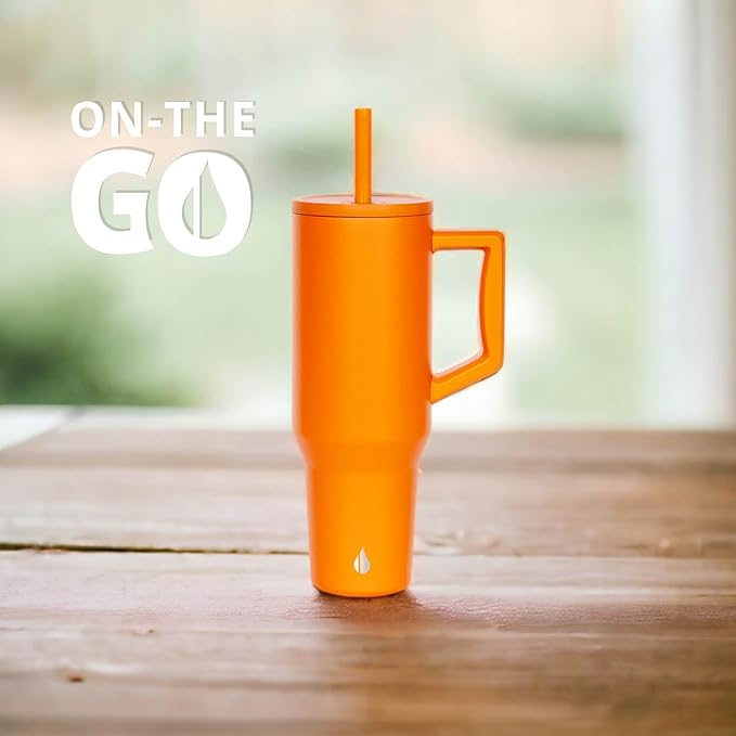 Elemental 40 oz Tumbler with Handle and Straw - Spill Proof Insulated Stainless Steel Commuter for Hot and Cold Beverages - Travel Coffee Mug with 2 Straws & Spill Proof Lid - 40oz - Orange - Bloomnest