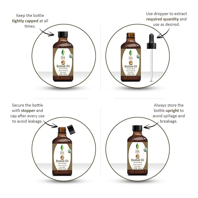 SVA Baobab Seed Oil Organic - 4 Fl Oz – 100% Natural Cold Pressed Organic Baobab Oil - for Face, Skin Care, Hair Care, Scalp Massage & Body Massage – Carrier Oil with Dropper - Bloomnest