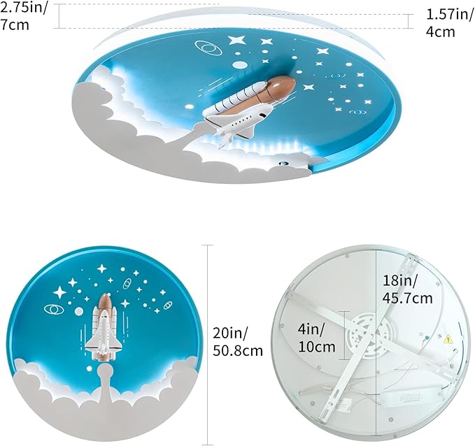 Modern Ceiling Light Fixtures Dimmable LED Kids Room Ceiling Lamp 20" Kitchen Ceiling Light with Remote Control 3000k-6000k Blue Cartoon Rocket Semi Flush Mount Ceiling Lights for Bedroom - Bloomnest