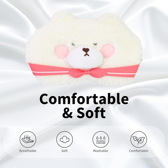 Cute Sleep Eye Masks for Kids, Kawaii Cartoon Kids Sleeping Mask for Women Boys Girls Teens, Soft Plush Adjustable Eyeshade Silk Travel Nap Eye Cover, Pink Bear - Bloomnest