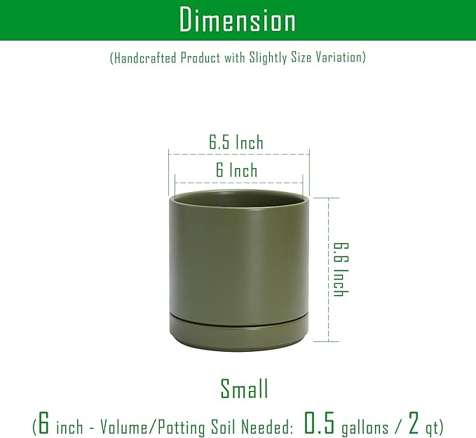 D'vine Dev Set of 2 Plants Pots, 6.5 Inch Ceramic Planter Pot for Plants with Drainage Hole and Saucer, Olive, 94-V-C-J - Bloomnest