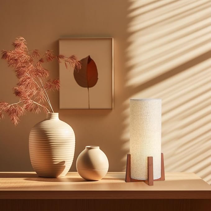 KUNJOULAM Modern Table Lamps, Nightstand Lamp with Linen Fabric Shade Brown Wooden Base, 13.9" Cylinder Bedside Table Lamp for Bedroom, Cafe, Living Room Home Decor - Bloomnest