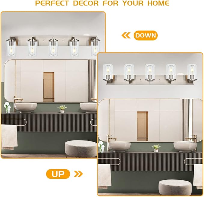BONLICHT Brushed Nickel Bathroom Light Fixtures 5 Light Modern Vanity Lights Industrial Glass Wall Sconce Farmhouse Bath Lighting Over Mirror Wall Mount for Kitchen Living Room Hallway Workshop - Bloomnest