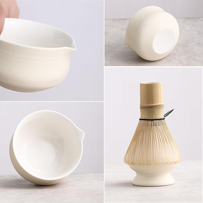Matcha Set, Japanese Tea Set Includes Matcha Bowl with Spout, Matcha Whisk Holder (chasen), Bamboo Matcha Whisk and Bamboo Scoop, Ceramic Matcha Kit for Tea Lovers - Bloomnest