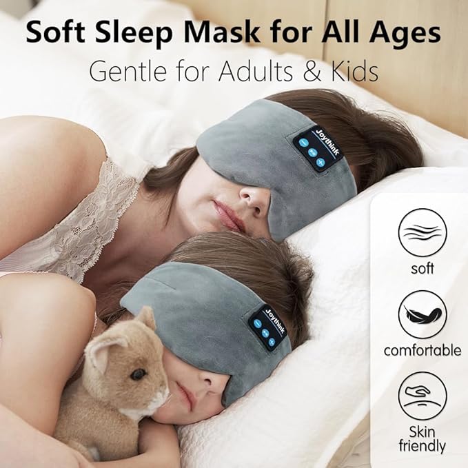 Joythink Sleep Headphones Wireless Eye Mask Kids Children Silk Wireless Headband Headphones for Sleeping with Adjustable Speaker Wireless Earbuds Side Sleeper Travel Meditation Music Mask Grey - Bloomnest