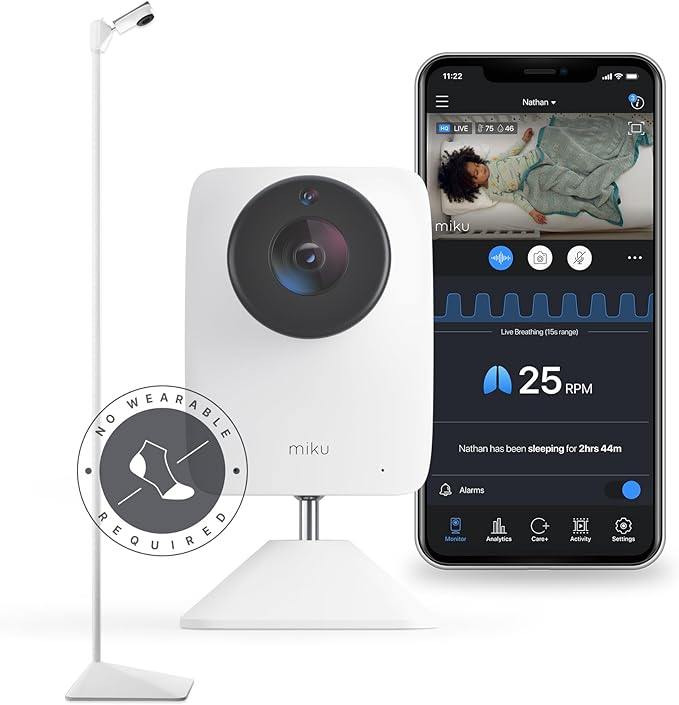 Miku Pro Smart Baby Monitor with Camera, Track Live Breathing with No Wearable, Real-Time Alerts, Sleep Analytics, 1080p Wi-Fi Video, Night Vision, and 2-Way Audio, Wall Mount & Floor Stand Included - Bloomnest