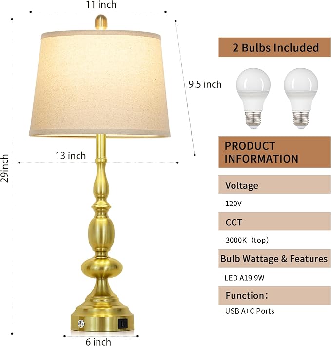 29" Modern Gold Table Lamps Set of 2, Industrial Touch Control 3-Way Dimmable Bedside Lamp with USB C+A Ports, Metal Farmhouse Nightstand Lamps for Living Room Bedroom End Tables(2 LED Bulbs Included) - Bloomnest