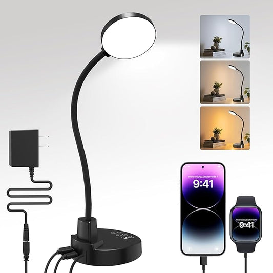 15W LED Desk Lamp with USB Charging Ports – Dimmable Table Lamp with 3 Color Temps, 5 Brightness, 4 Timers, Flexible Gooseneck Light with Base, Eye-Caring Reading Light for Home Office, Bedroom, Study - Bloomnest