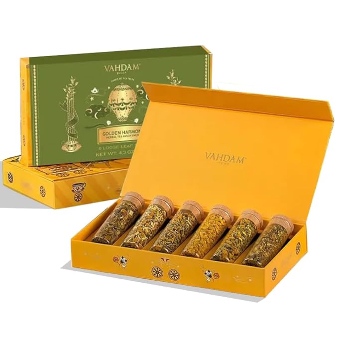 VAHDAM, Limited Edition - Turmeric Herbal Wellness Tea Gift Set - 6 Oprah's Favourite Turmeric Herbal Blends in Gift Box | Gluten Free, Non GMO | Gifts for Him/Her | Tea Gifts for Men & Women - Bloomnest