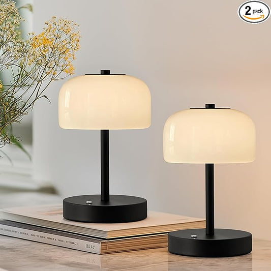 Oneach 2 Pack Cordless Table Lamps, 9" Portable Rechargeable Battery Powered Desk Lamp, Opal Glass Shade, 3 Level Brightness Dimmable, Mushroom Table Lamps for Bedroom, Living Room, Outdoor, Black - Bloomnest