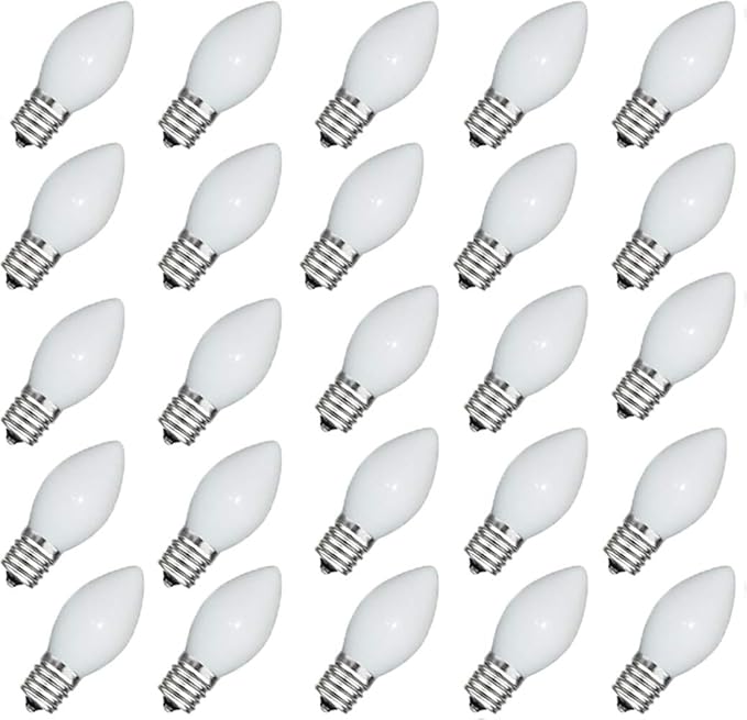GOOTHY 25 Pack C7 White Replacement Bulbs, Ceramic C7 Incandescent Light Bulbs for Christmas Outdoor Patio Indoor String Lights, C7/E12 Candelabra Base, 5 Watt Night Light Bulbs- White - Bloomnest