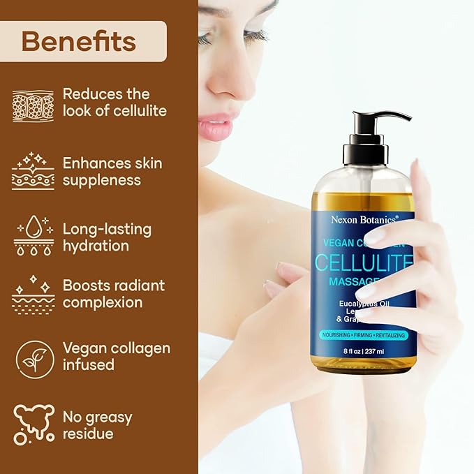 Anti-Cellulite Massage Oil for Massage Therapy 8 fl oz - Refreshing and Relaxing - Natural Oils with Vegan Collagen and Stem Cells - for Men and Women - Nexon Botanics - Bloomnest