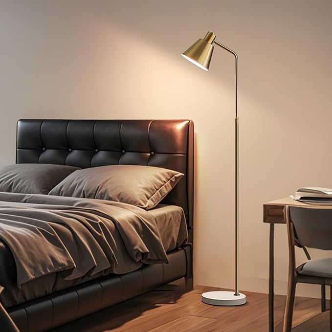 Gold Brass Industrial Floor Lamps with Bright 12W LED Bulb Adjustable 3 Colors, Living Room Sofa Corner Bedroom Bedside Office Study Reading Standing Tall Lights, Unique Modern Home Decor Essentials - Bloomnest