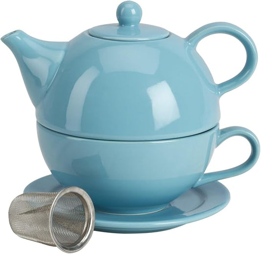 Omniware Teaz Tea for One Set - 10 Oz Teapot, 8 Oz Mug, Saucer, Removable Stainless Steel Infuser - Lead-Free Glaze Stoneware, Drip-Free Spout, Stackable, Dishwasher Safe (Turquoise) - Bloomnest