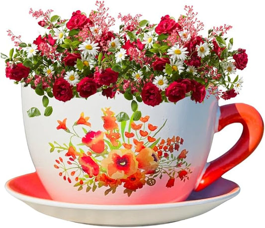 7.5" Round Ceramic Teacup Shape Planter Pot with Saucer for Succulents Orchids Herbs Cactus Indoor Houseplants Flowers for Home Garden and Event Decor – Orange Poppy Floral - Bloomnest