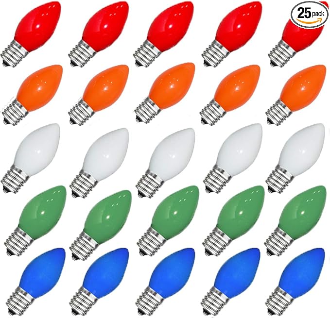 GOOTHY 25 Pack C7 Multicolor Christmas Light Bulbs, C7 Ceramic Incandescent Christmas Replacement Light Bulbs for Outdoor String Lights, C7/E12 Candelabra Base Candles Night Light Bulb, 5 Watt - Bloomnest