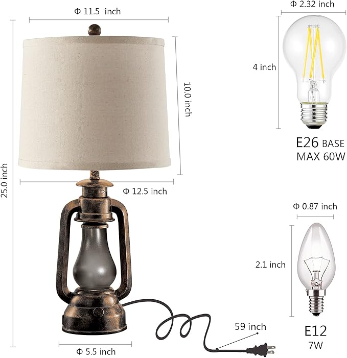 Farmhouse Rustic Table Lamps for Bedroom Set of 2, Vintage Lantern Lamp with Dual USB Charging Ports,25" Retro Antique Bedside Nightstand Desk Lamp for Living Room End Table Entryway, 4 Bulb Included - Bloomnest