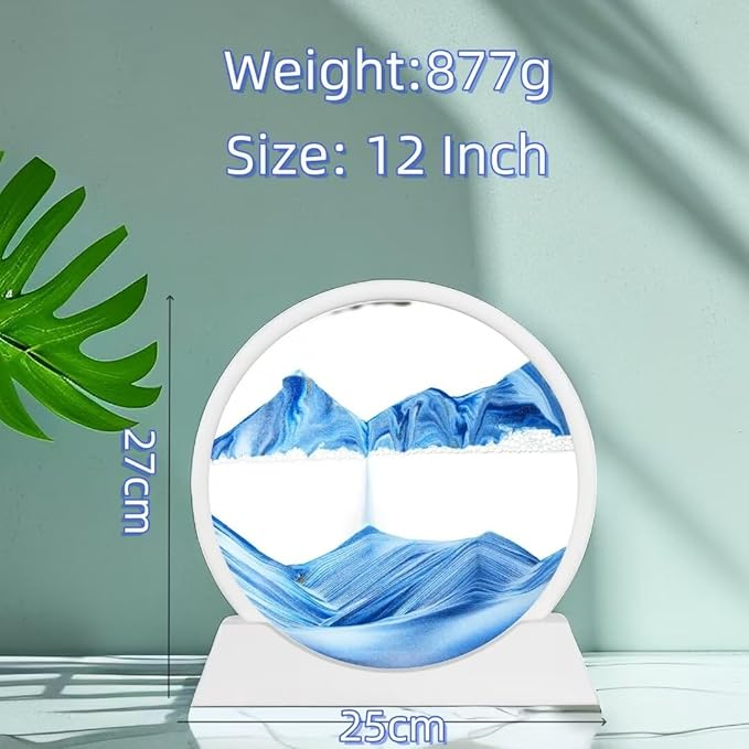 Moving Sand Art Picture in Motion, Round Tempered Glass 3D Deep Sea Sandscapes with Display Flowing Sand Frame for Relaxing Desktop Home Office Work Décor for kids adults （white frame blue, 12inch) - Bloomnest