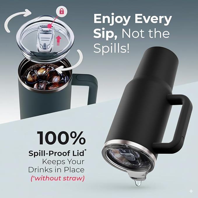 40 oz Tumbler With Handle and Straw Made of Stainless Steel - Double Wall Vacuum Insulated Tumbler With Lid - Sweat Proof Easy Grip, BPA-Free, Dishwasher Safe Tumbler (Black) - Bloomnest