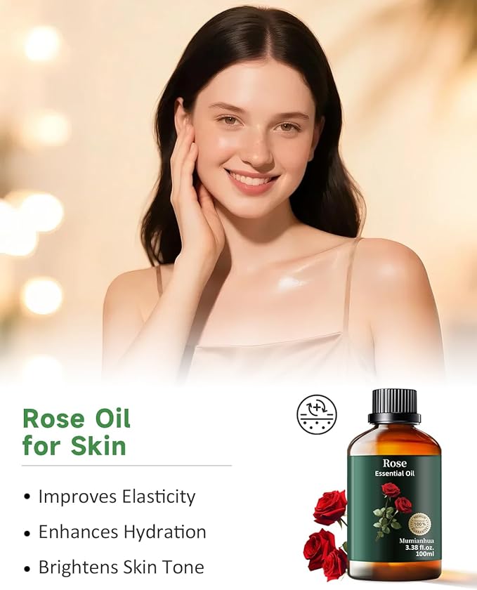 Pure Rose Essential Oil, Mumianhua Natural Rose Oil for Skin, Hair, Reed Diffuser, Air Purifier, Room Spray,Candle Making, Laundry, Relaxation, Evening Wellness, Romantic Atmosphere 3.38 Fl Oz - Bloomnest