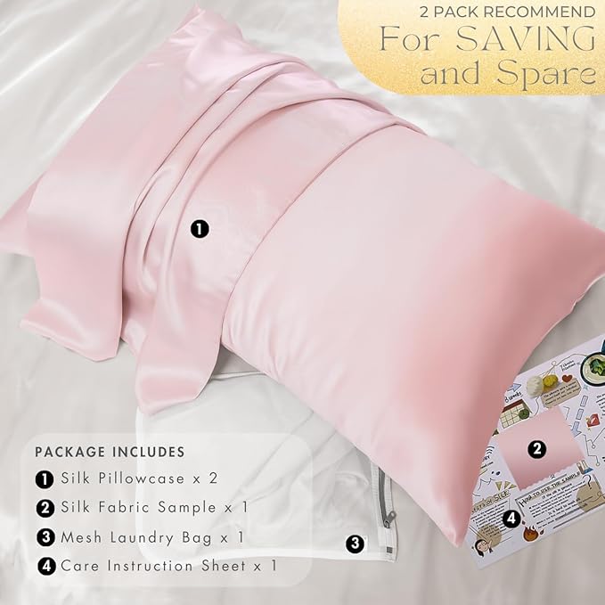 PROMEED 100% Silk Pillowcase Set of 2 with Hidden Zipper, 23 Momme 3rd Gen Grade 6A+ Mulberry Silk Pillow Case 2 Pack for Hair and Skin, Soft and Breathable (King 20"x36", Pink) - Bloomnest