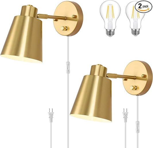 Plug in Wall Sconces, Dimmable Wall Sconces Adjustable Angle Wall Lights with Plug in Cord and Dimmer On/Off Knob Switch, Gold Wall Mounted Light for Bedroom Bedside Stairway(2 Pack, 2 Bulbs) - Bloomnest