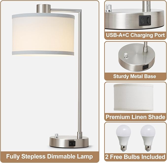 Luvkczc Table Lamps for Living Room with USB C+A Ports - Fully Stepless Dimmable Bedsides Lamp with Linen Lampshade, Lamps for Night Stands Bedroom Reading Office, 2 LED Bulbs Included (Silver) - Bloomnest