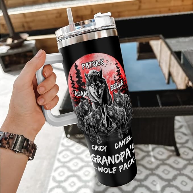 Custom Grandpa’s Wolf Pack Tumbler – Personalized Gift With Wolf Family and Grandkids’ Names – Red Moon Forest Design – Birthday or Father’s Day Mug - Bloomnest