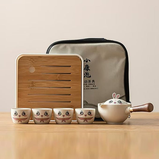 Ceramic Portable Travel Tea Set, Chinese Kungfu Tea Set with 360 Rotation Teapot and Infuser, 4 Tea Cups, Tea Tray And Travel Bag (Lovely Rabbit)