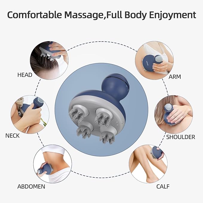 cotsoco Electric Scalp Head & Back Massager, Cordless Hair Massage Waterproof Head Massager with 4 Heads 84 Nodes for Hair Growth, Stress Relief & Deep Clean, Gifts for Men Women, Blue cotsoco