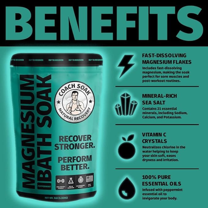 Coach Soak Recovery Bath Soak - Alternative to Epsom Salt Bath Soak - Fast-Absorbing Pure Magnesium Flakes with 21 Minerals, Bath Salts & Essential Oils - 48 oz, Cooling Peppermint - Bloomnest