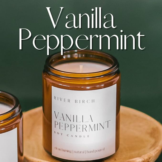 River Birch Candles Vanilla Peppermint Scented Candle | Premium, All-Natural, Non-Toxic, Soy Amber Jar Candles | 8.5oz 40 Hr Burn Time | Cozy Relaxing Gifts for Home - Bloomnest