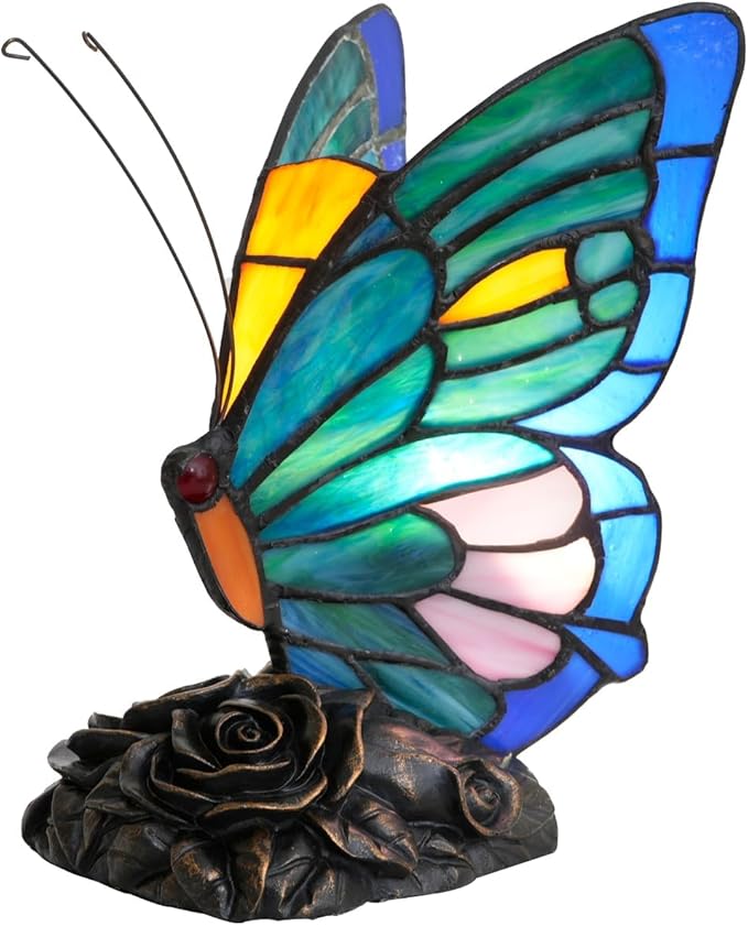 Small Teal and Green Tiffany Style Butterfly Table Lamp for Girls Gift Cute Fun Bedside Desk Lamps Stained Glass Lamp Colorful Vintage Art Unique Bedroom Nightstand Decor Accent Night Light Rose Base - Bloomnest