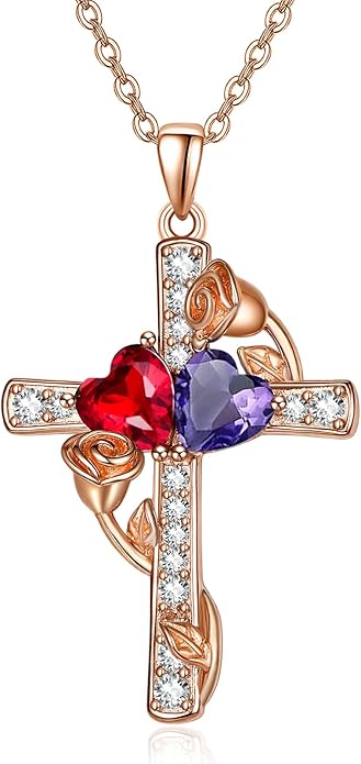 Rose Gold Dual Birthstones Cross Necklace for Women Rose Flower Jewelry Anniversary Christmas Mother's Valentine's Day Birthday Gift for Wife Girlfriend Mom - Bloomnest