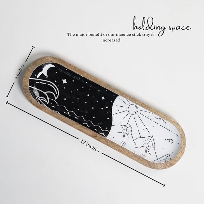 The Art Box Hand-Painted Incense Burner Holder White Black - 12x4x1 inch Wooden Long Incense Stick Tray Holder for Modern Gift, Ash Catcher Incense Stick Holder - Meditation & Yoga - Bloomnest