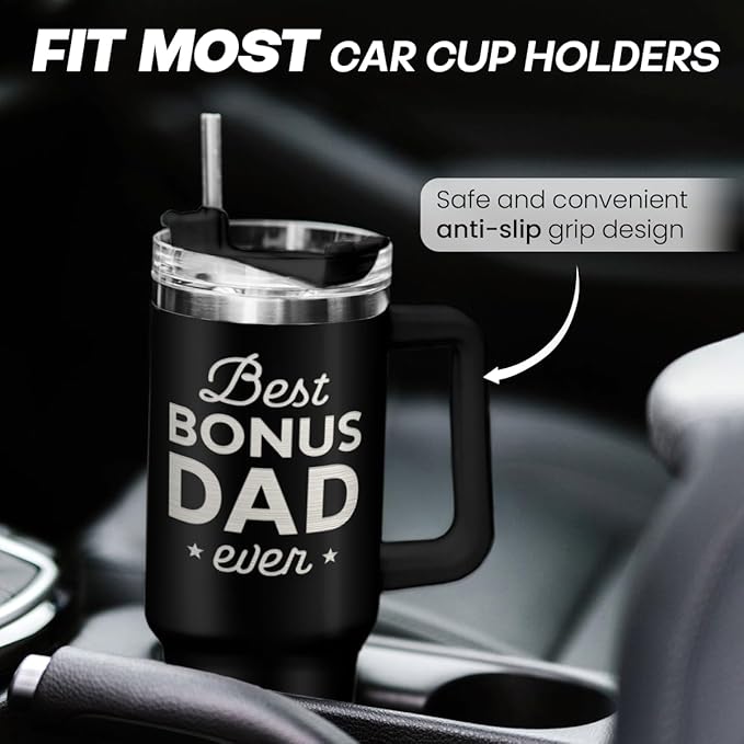 SANDJEST Bonus Dad Tumbler Gift from Step Daughter Son, 40oz Stainless Steel Insulated Coffee Tumbler With Lid & Straw, Travel Cup Gift for Step Dad Men, Christmas Birthday Father's Day - Bloomnest