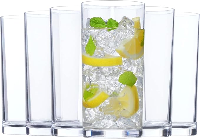 US Acrylic Classic Clear Plastic Reusable Drinking Glasses (Set of 6) 16oz Water Cups | BPA-Free Tumblers, Made in USA | Top-Rack Dishwasher Safe - Bloomnest