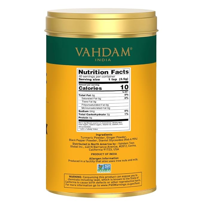 VAHDAM, Golden Milk Powder/Turmeric Ginger Latte Mix (100g, 40 Cups) Caffeine-Free | Powerful Curcumin, Turmeric Powder & Ginger | Brew Hot/Iced Tea - Bloomnest