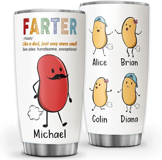 Funny Custom Farter Tumbler for Dad, 20oz or 30oz Stainless Steel Insulated Mug, Personalized Gift from Kids, Joke Travel Cup with Name and Cartoon Beans, Father’s Day or Birthday Gag Gift - Bloomnest