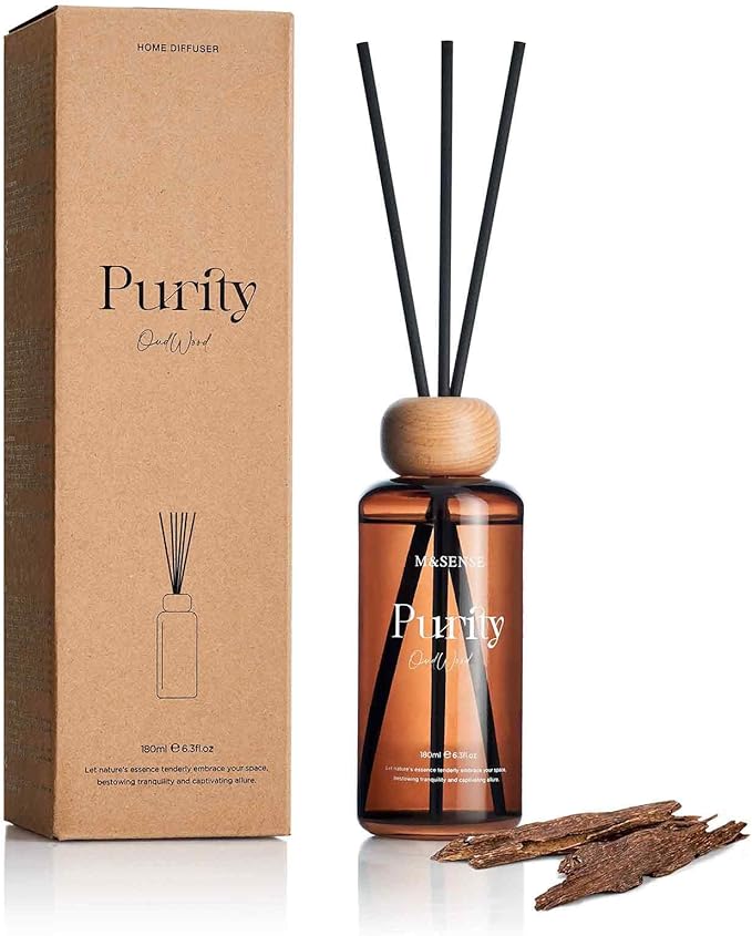 M&SENSE Reed Diffuser Set, Oud Wood Scented 6.3 fl oz Natural Essential Oil Diffusers with Sticks, Non-Toxic Organic Air Freshener, Long-Lasting Fragrance Oils for Living Room Bedroom Gifts for Women