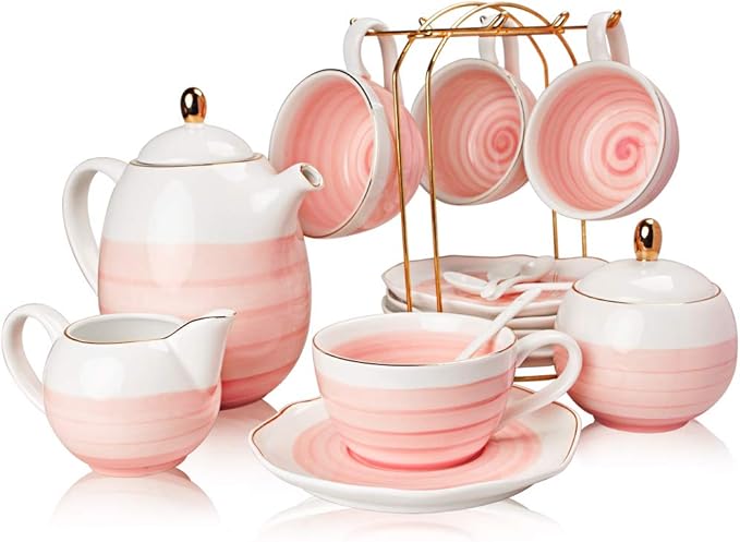 Sweejar Porcelain Tea Sets, 8 OZ Cups & Saucer Service for 4, Teapot Sugar Bowl Cream Pitcher Teaspoons and Tea Strainer for Adult Tea Coffee Afternoon Party (Pink) - Bloomnest