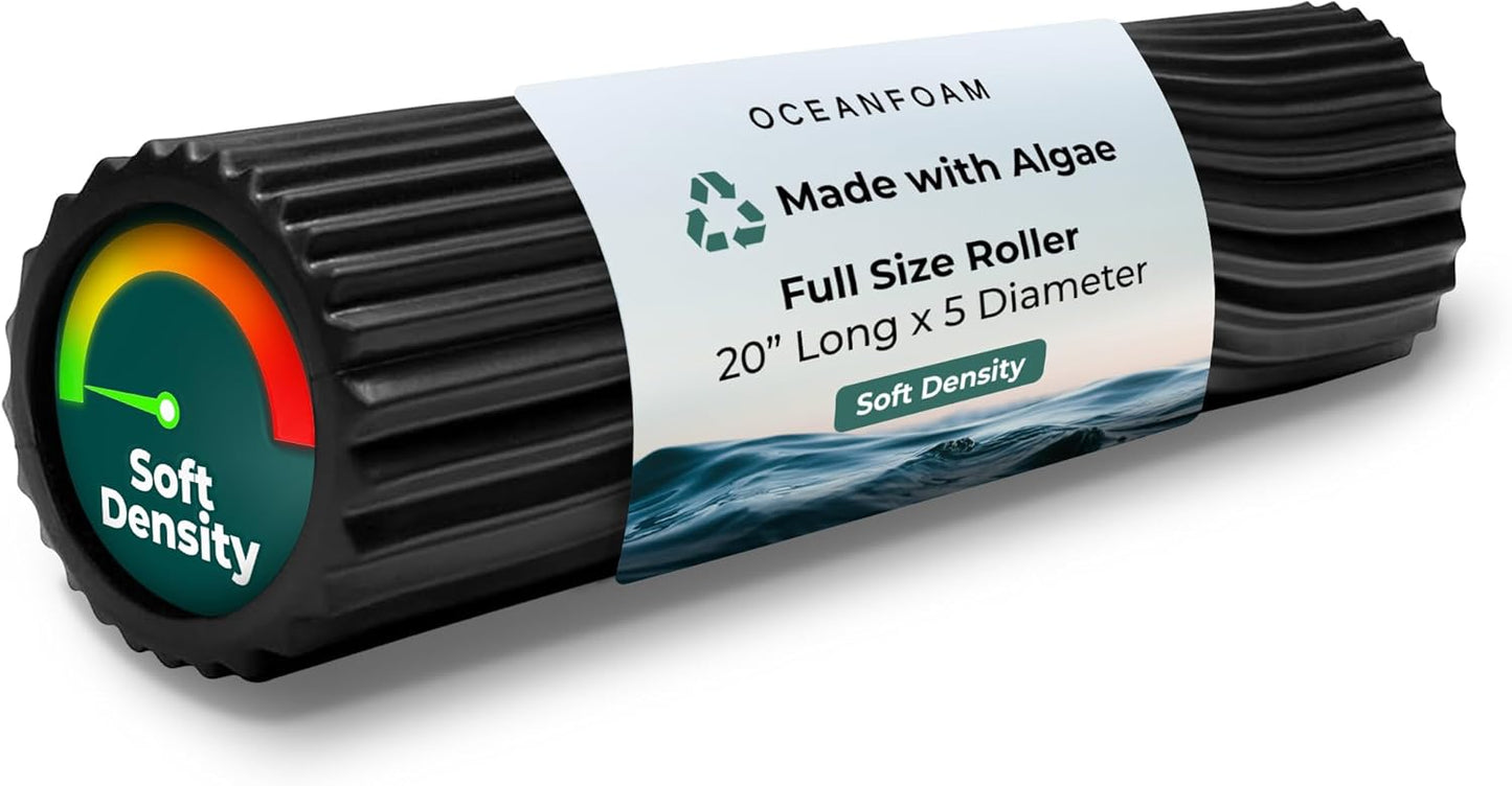 Oceanfoam Soft Tidal Roller (Black) - Low Density Foam Roller for Physical Therapy, Back Pain, Excercise & Stretching - Wave Textured - Yoga, Athletics, & Wellness - Full Size, 20" x 5"